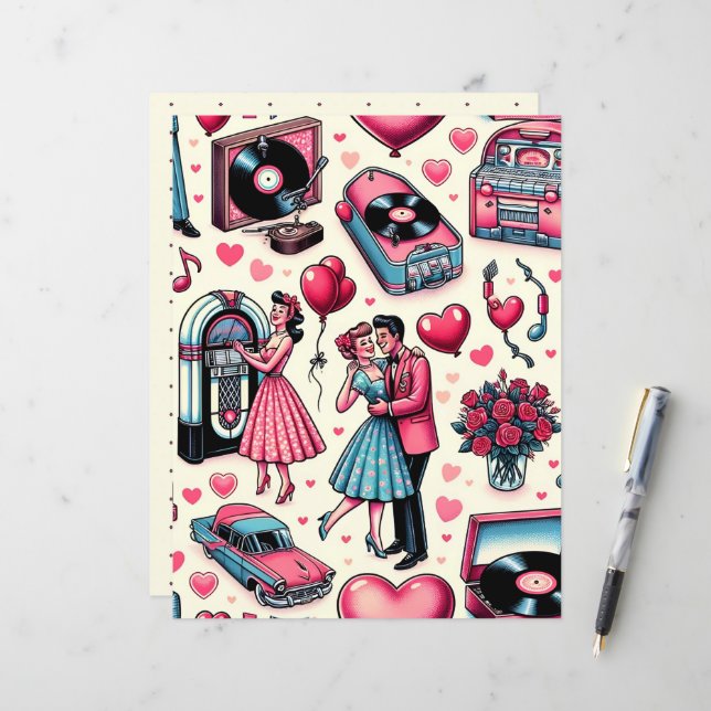 Retro 50s Valentijn Scrapbook Papier (Voorkant / Achterkant in situ)