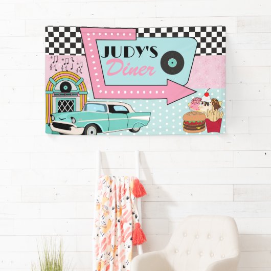 Retro 50s verjaardagsfeestbanner spandoek (Insitu)