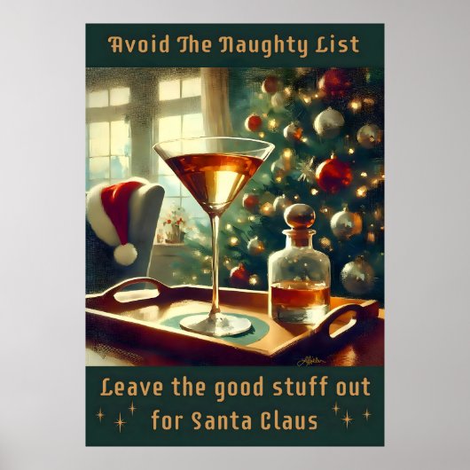 Retro 50s Vermijd De Stoute Lijst Kerst Martini Poster (Voorkant)