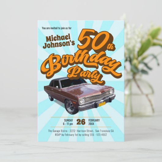 Retro 50th Birthday Classic Car Fun Party Kaart (Staand voorkant)