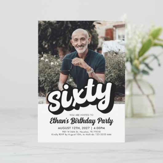 Retro 60e verjaardag uitnodiging | zestigste verja (Staand voorkant)