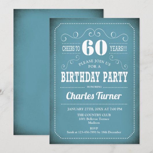 Retro 60e verjaardagsfeestje - Blauw Wit Kaart (Voorkant / Achterkant)