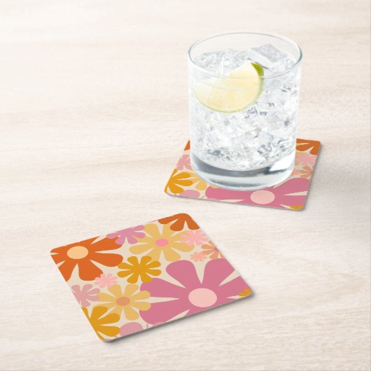 Retro 60s 70s Aesthetisch Floral Pattern Kartonnen Onderzetters (Insitu)