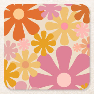 Retro 60s 70s Aesthetisch Floral Pattern Kartonnen Onderzetters