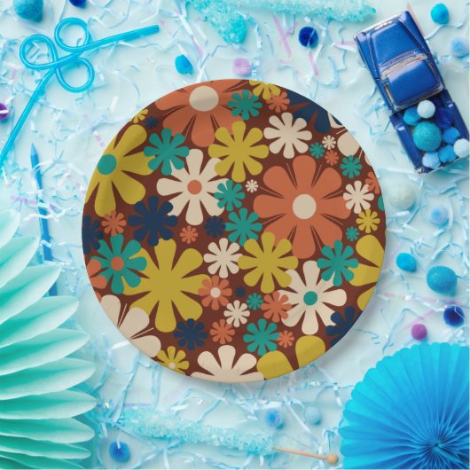 Retro 60s 70s Aesthetisch Floral Pattern Papieren Bordje (Feest)