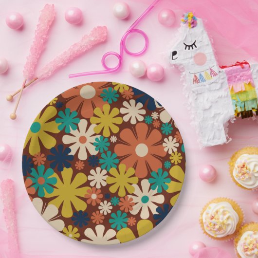 Retro 60s 70s Aesthetisch Floral Pattern Papieren Bordje (Feest)