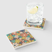 Retro 60s 70s Aesthetisch Floral Pattern Square Stenen Onderzetter (Zijkant)