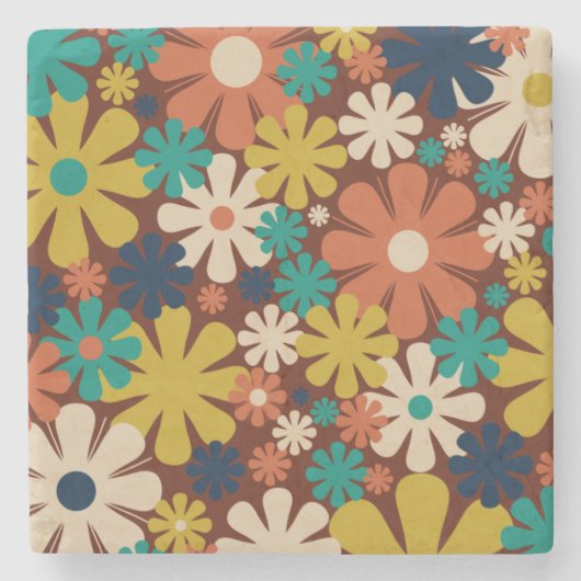Retro 60s 70s Aesthetisch Floral Pattern Square Stenen Onderzetter (Voorkant)