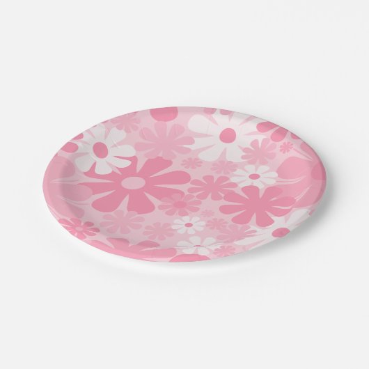 Retro 60s 70s Aesthetisch roze Floral Pattern Papieren Bordje (Gekanteld)