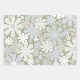 Retro 60s 70s Aesthetische Floral Pattern Sage Gre Inpakpapier Vel