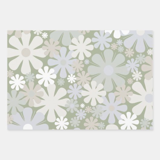 Retro 60s 70s Aesthetische Floral Pattern Sage Gre Inpakpapier Vel (Voorkant)