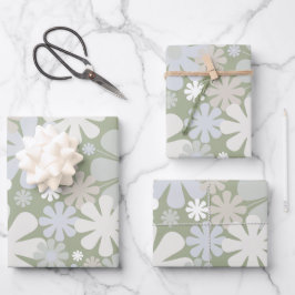Retro 60s 70s Aesthetische Floral Pattern Sage Gre Inpakpapier Vel
