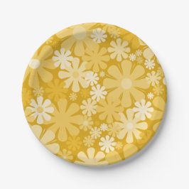 Retro 60s 70s Aesthetische Floral Pattern Yellow Papieren Bordje