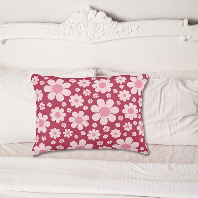 Retro 60s-70s  Bloemen Daisy Roze Accent Kussen (Retro groovy pink daisy pattern pillow)