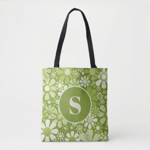 Retro 60s 70s Bloemen Lime Groen Bloempatroon Tote Bag