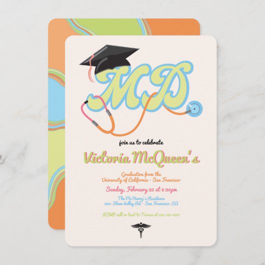 Retro 60's 70's Doctor MD Afstuderen Uitnodiging (Voorkant / Achterkant)