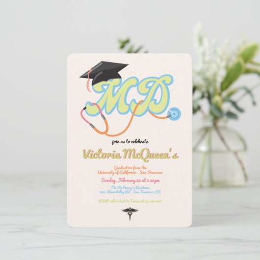 Retro 60's 70's Doctor MD Afstuderen Uitnodiging (Staand voorkant)