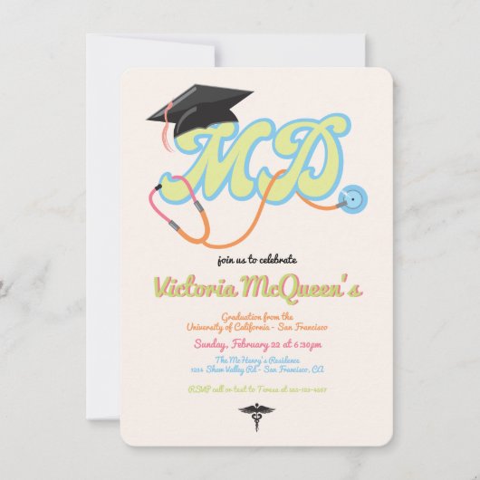 Retro 60's 70's Doctor MD Afstuderen Uitnodiging (Voorkant)