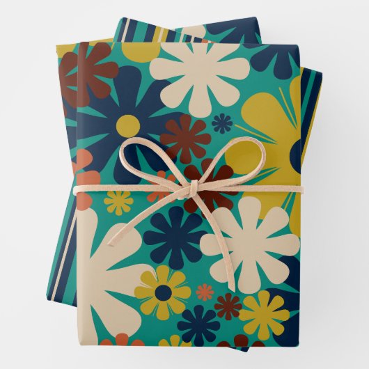 Retro 60s 70s esthetische Floral en Stripe Patrone Inpakpapier Vel (In situ)