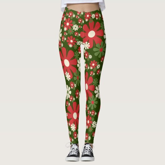 Retro 60s 70s Floral Flower Power Xmas patroon Leggings (Voorkant)