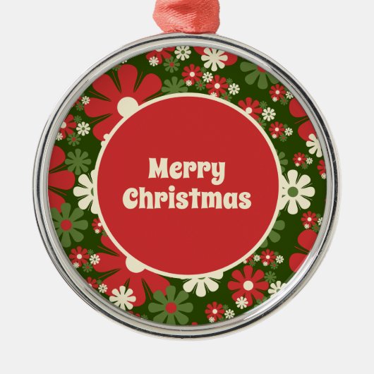 Retro 60s 70s Floral Merry Kerstmis Metalen Ornament (Voorkant)