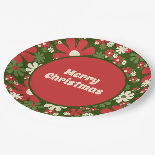 Retro 60s 70s Floral Merry Kerstmis Papieren Bordje (Gekanteld)