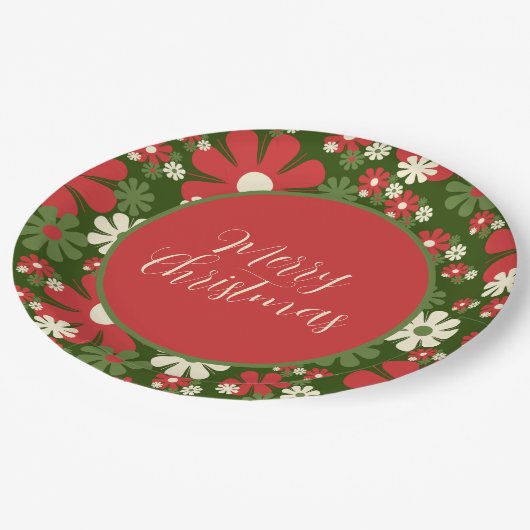 Retro 60s 70s Floral Merry kerstscript Papieren Bordje (Gekanteld)