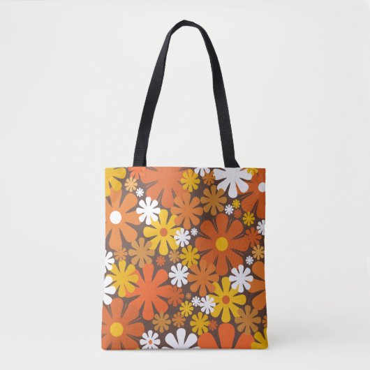 Retro 60s 70s Floral Oranje Brown Pattern Tote Bag (Voorkant)