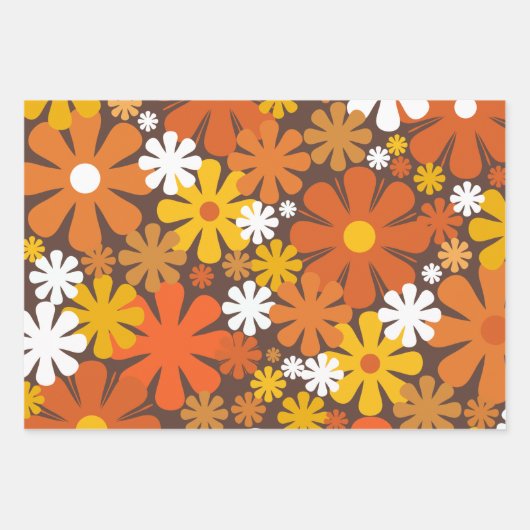 Retro 60s 70s Floral Pattern Brown and Oranje Inpakpapier Vel (Voorkant 3)