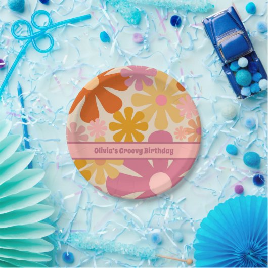 Retro 60s 70s Floral Pattern Personalized Papieren Bordje (Feest)