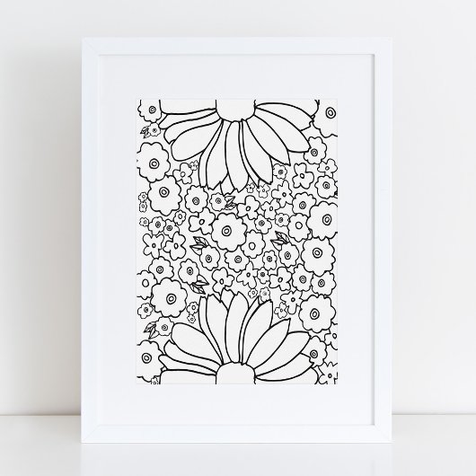 Retro 60s 70s Flowers Black and White Art Print