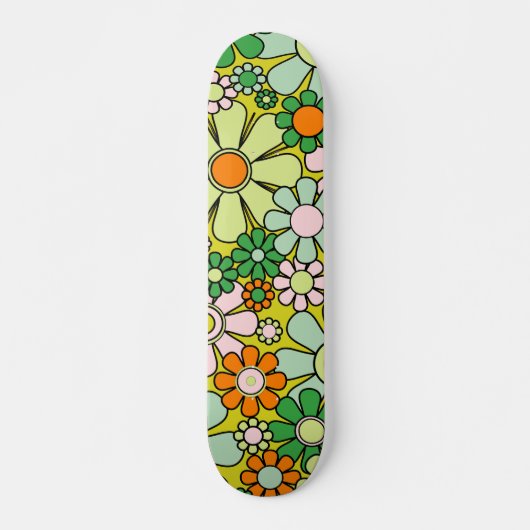 Retro 60s 70s Flowers Spring Green Floral Pattern Persoonlijk Skateboard (Voorkant)