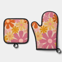 Retro 60s 70s Groovy Bloemen Patroon Ovenwant & Pannenlap Set