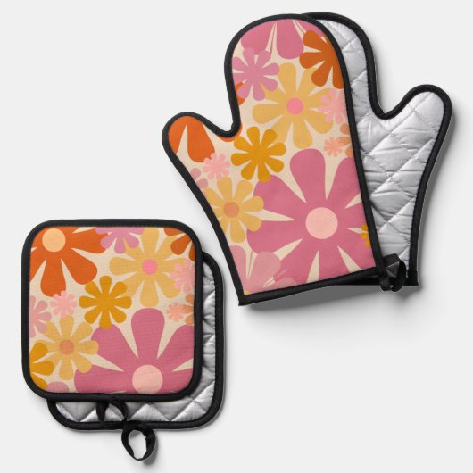 Retro 60s 70s Groovy Bloemen Patroon Ovenwant & Pannenlap Set (Voorkant / Achterkant)