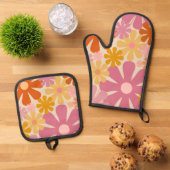 Retro 60s 70s Groovy Bloemen Patroon Ovenwant & Pannenlap Set (Top down)