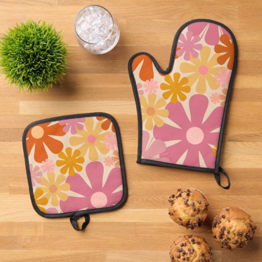Retro 60s 70s Groovy Bloemen Patroon Ovenwant & Pannenlap Set (Top down)