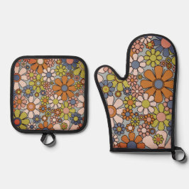 Retro 60s 70s Groovy Floral Ovenwant & Pannenlap Set