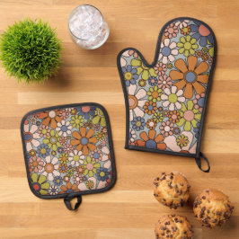 Retro 60s 70s Groovy Floral Ovenwant & Pannenlap Set