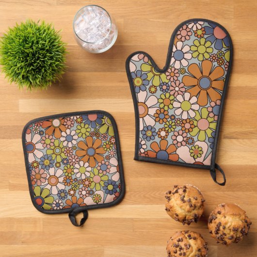 Retro 60s 70s Groovy Floral Ovenwant & Pannenlap Set (Top down)