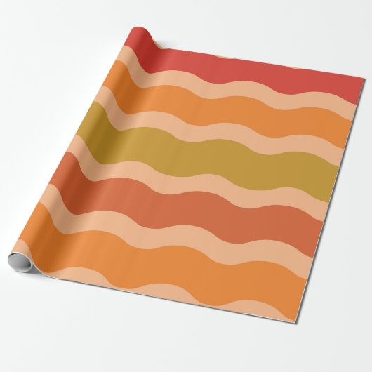 Retro 60s 70s Groovy Waves in Sinaasappel en rood Cadeaupapier (Uitgerold)
