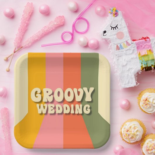 Retro 60s 70s Hippie Groovy Stripes Bruiloft Papieren Bordje (Feest)