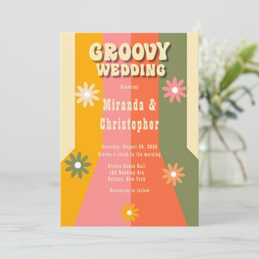 Retro 60s 70s Hippie Stripes Bloem Groovy Bruiloft Kaart (Staand voorkant)