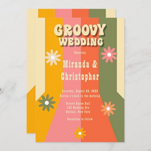 Retro 60s 70s Hippie Stripes Bloem Groovy Bruiloft Kaart (Voorkant / Achterkant)