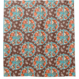RETRO 60s 70s Hippy Floral Peace Sign Brown Blue  Douchegordijn