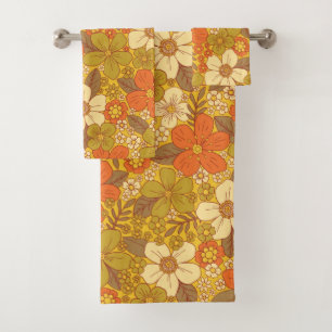 Retro 60s/70s Oranje en Olijfgroene Floral Bad Handdoek