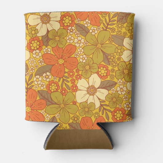 Retro 60s/70s Oranje en Olijfgroene Floral Blikjeskoeler (Voorkant)