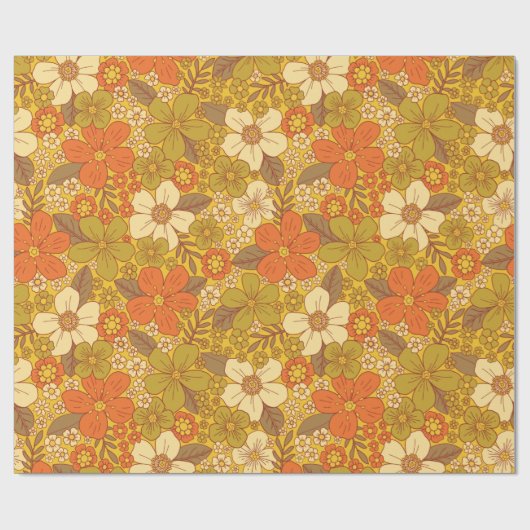 Retro 60s/70s Oranje en Olijfgroene Floral Cadeaupapier (Vlak)