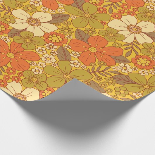 Retro 60s/70s Oranje en Olijfgroene Floral Cadeaupapier (Hoek)