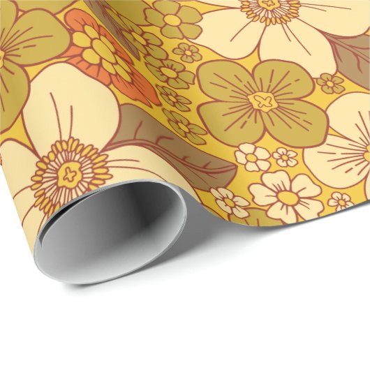 Retro 60s/70s Oranje en Olijfgroene Floral Cadeaupapier (Rol Hoek)