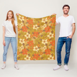 Retro 60s/70s Oranje en Olijfgroene Floral Fleece Deken